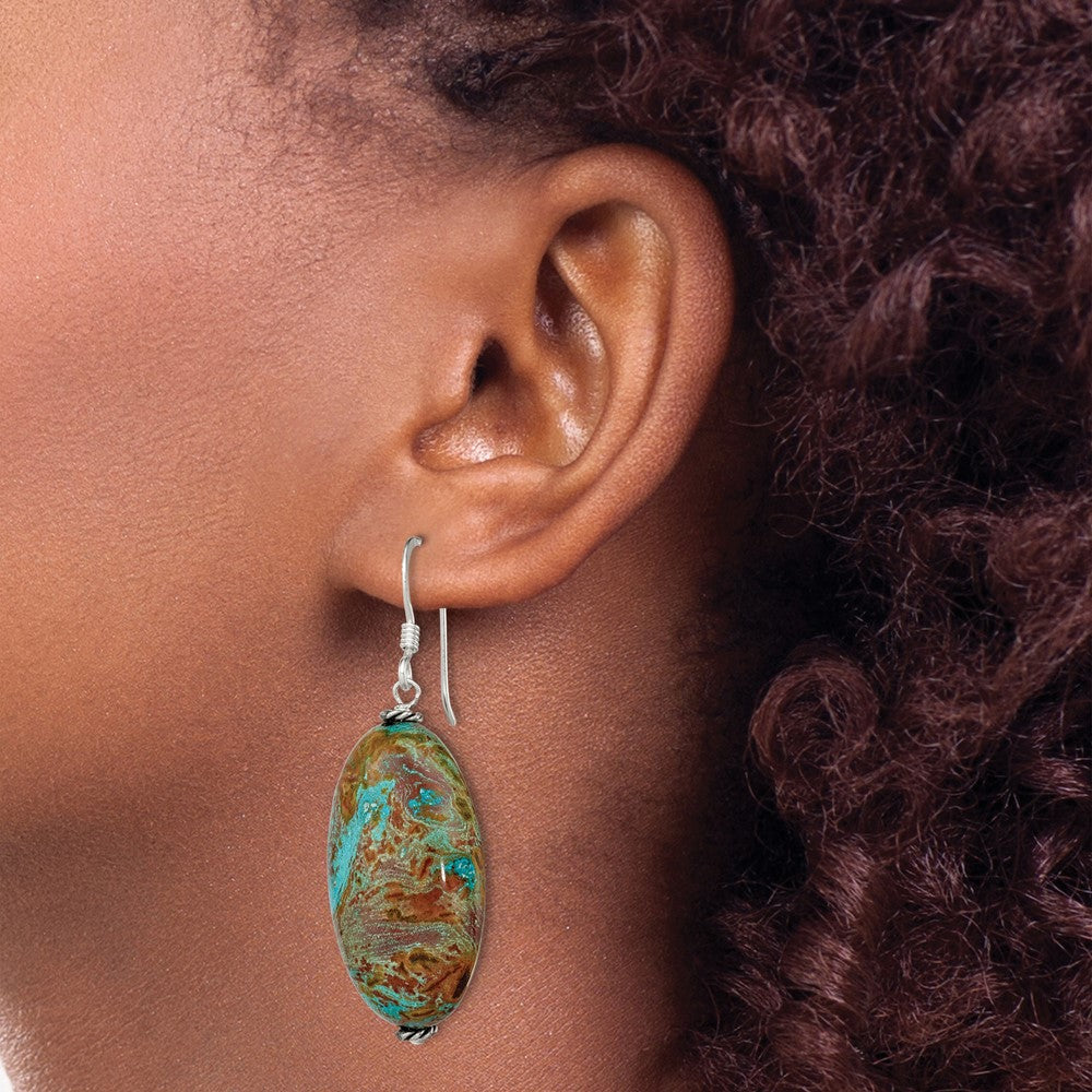 Sterling Silver Polished & Antiqued Blue Jasper Oval Dangle Earrings