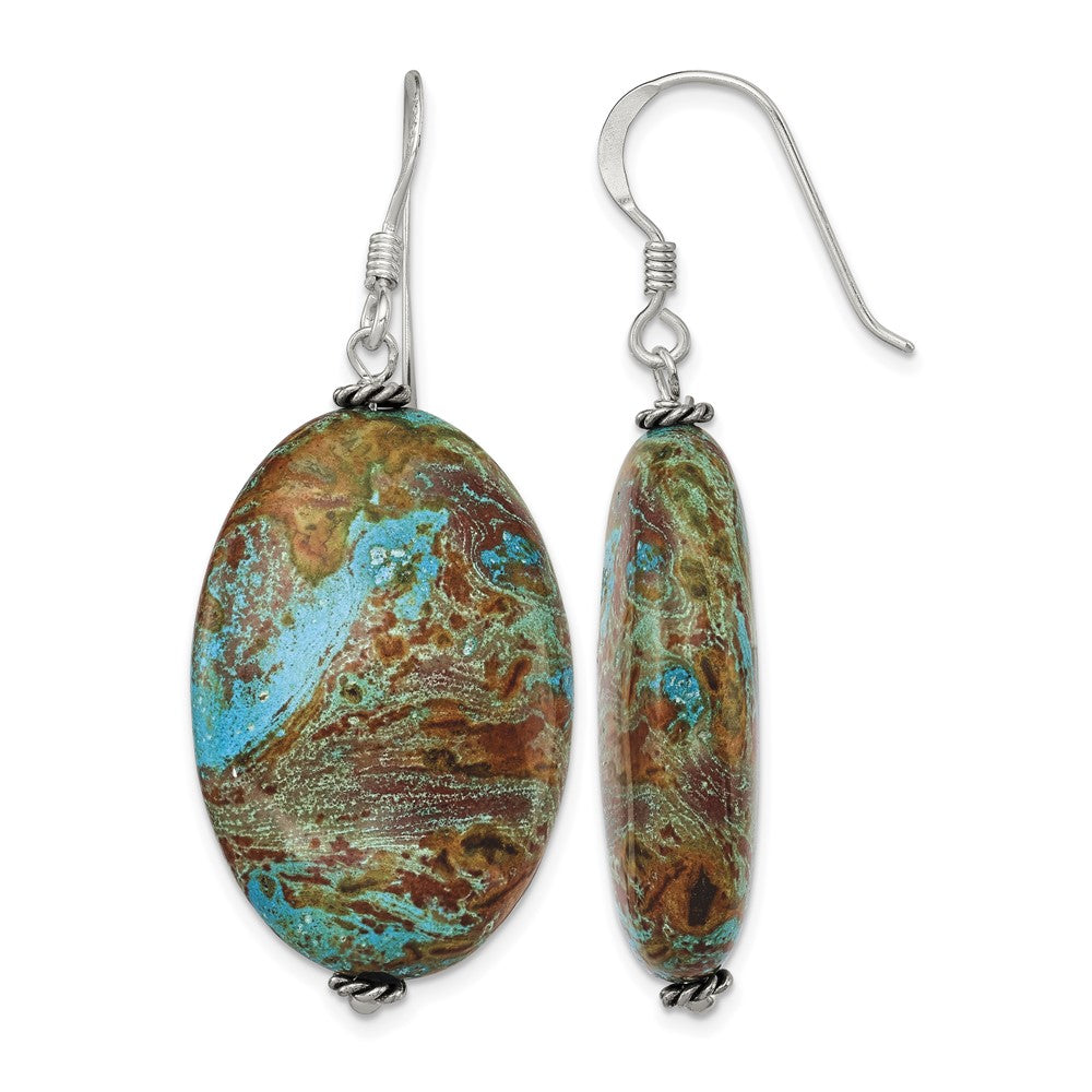 Sterling Silver Polished & Antiqued Blue Jasper Oval Dangle Earrings