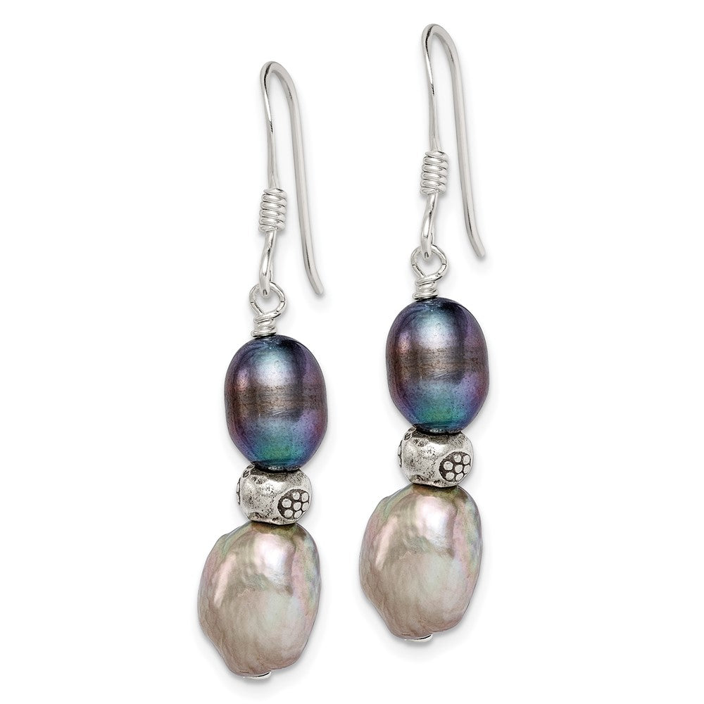 Sterling Silver Antiqued Black & Grey FW Cultured Pearl Dangle Earrings