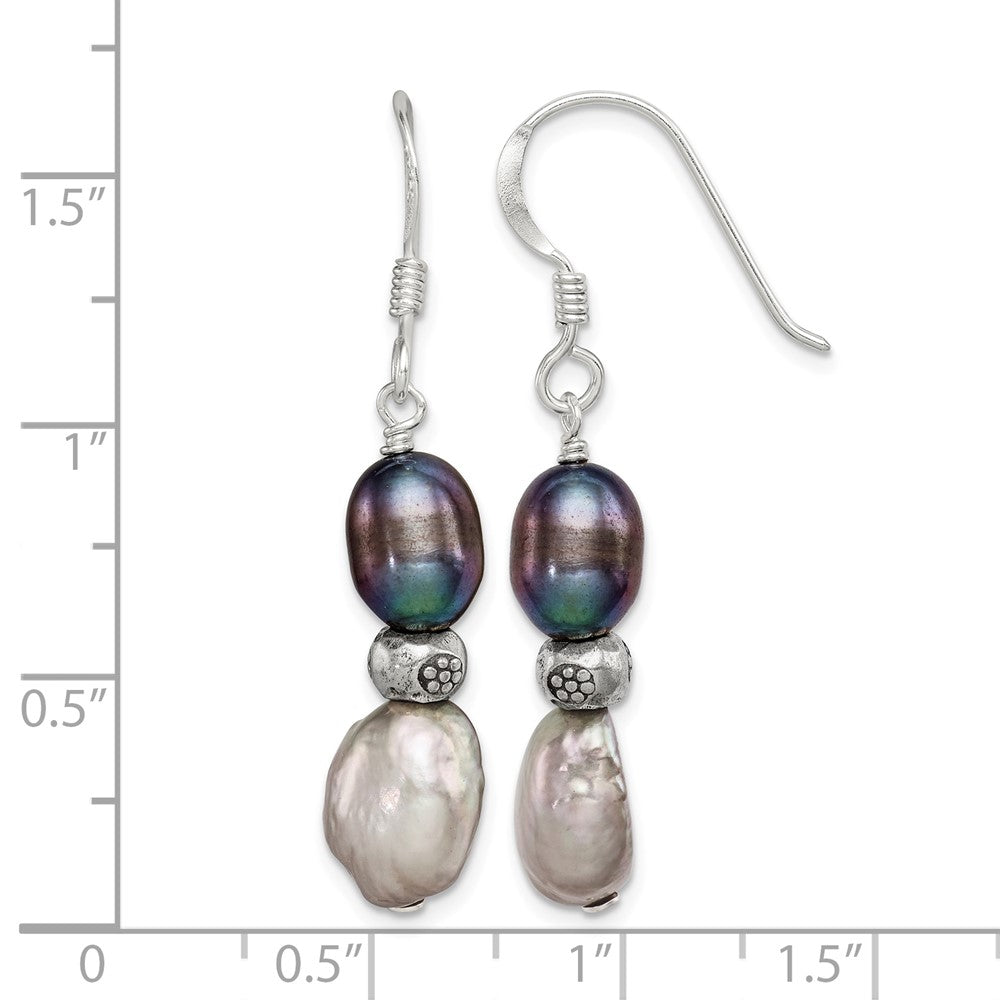 Sterling Silver Antiqued Black & Grey FW Cultured Pearl Dangle Earrings