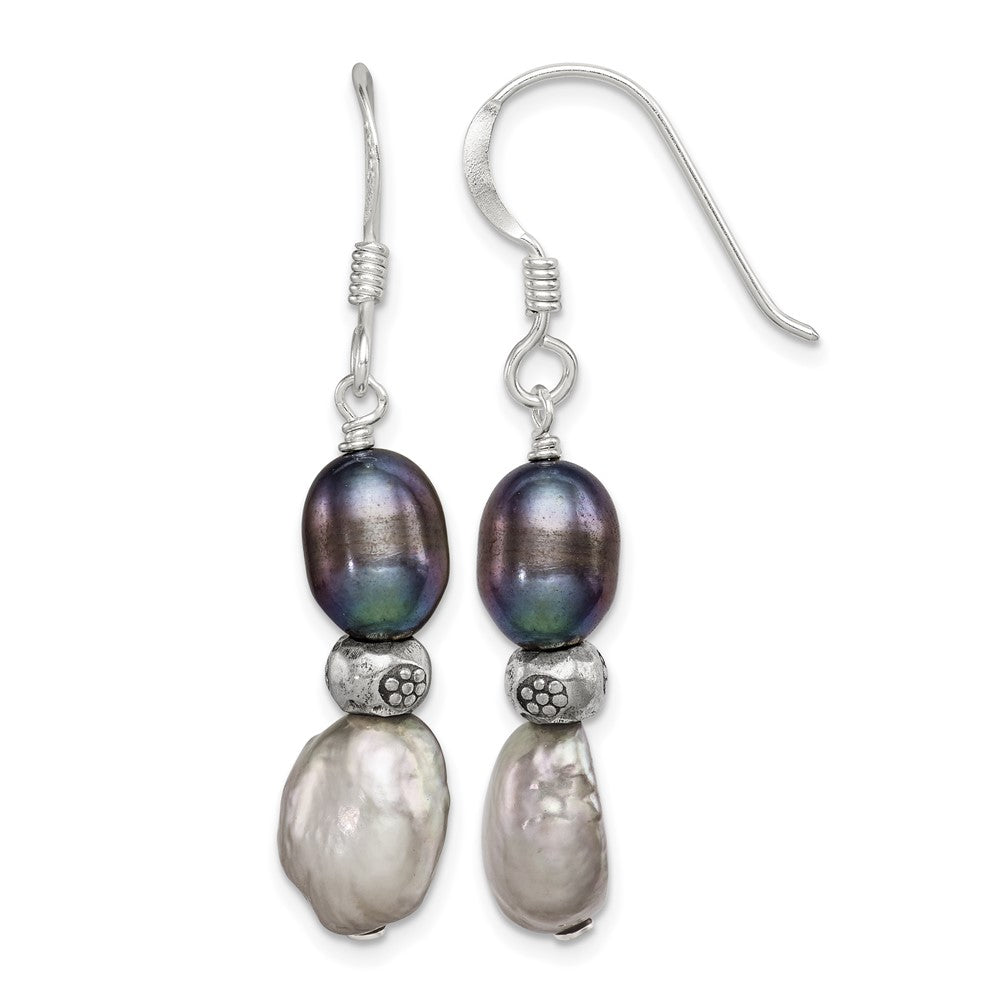 Sterling Silver Antiqued Black & Grey FW Cultured Pearl Dangle Earrings