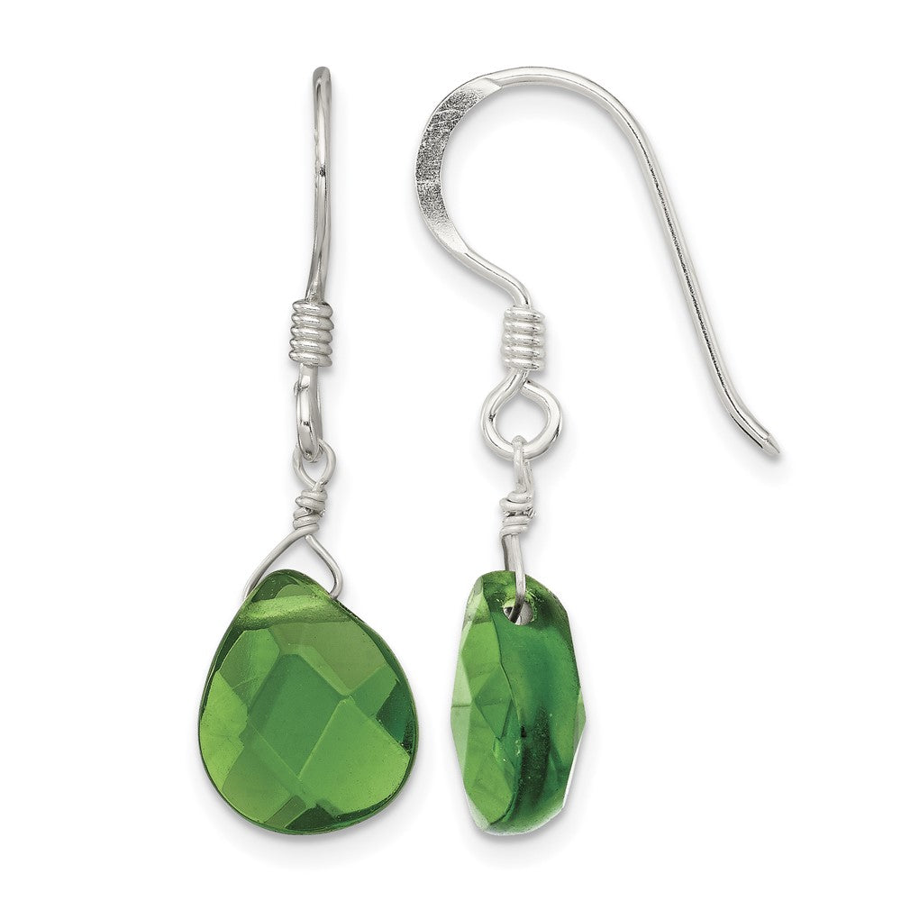 Sterling Silver Polished Dark Green Crystal Teardrop Dangle Earrings