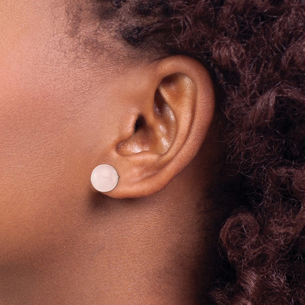 Sterling Silver Rhod-pltd 10-10.5mm Button Rose Quartz Post Earrings
