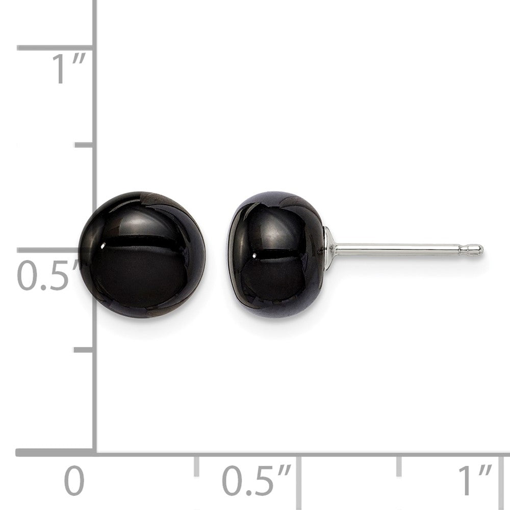Sterling Silver Rhod-pltd 8-8.5mm Black Agate Button Post Earrings