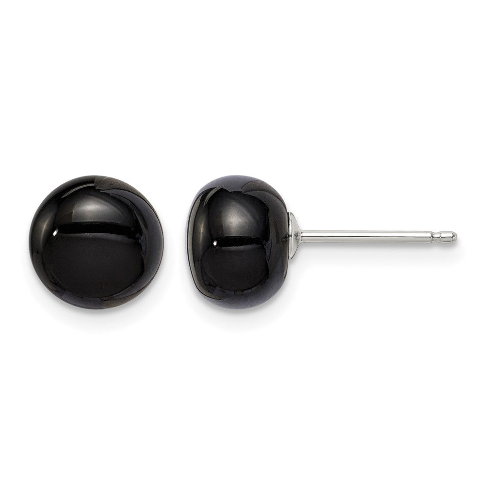 Sterling Silver Rhod-pltd 8-8.5mm Black Agate Button Post Earrings