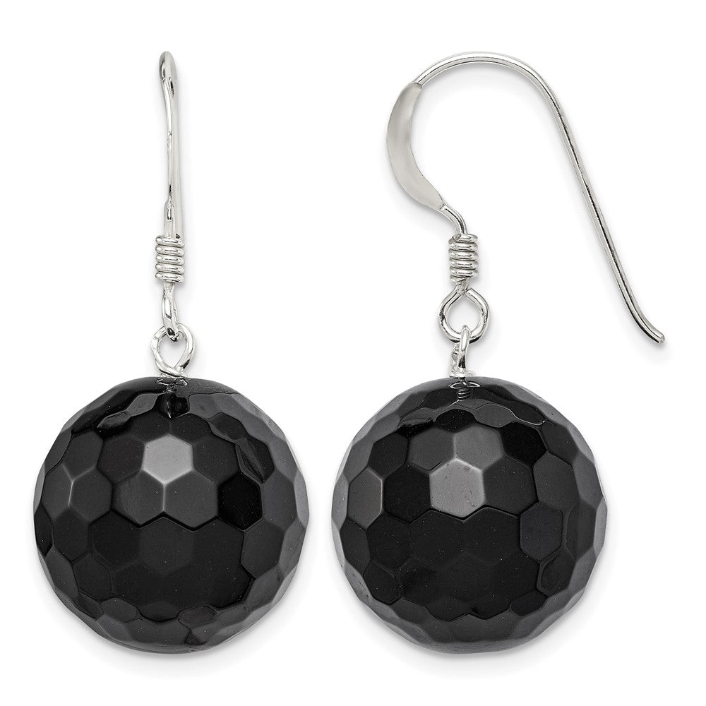 Sterling Silver Polished 17mm Faceted Onyx Bead Dangle Earrings