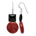 Sterling Silver Polished Black Agate & Recon. Red Coral Dangle Earrings