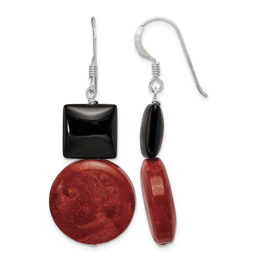 Sterling Silver Polished Black Agate & Recon. Red Coral Dangle Earrings