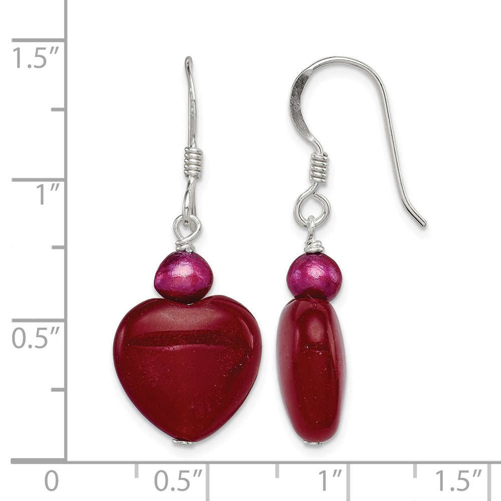 Sterling Silver Polished Red FWC Pearl & Red Jade Heart Dangle Earrings