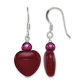 Sterling Silver Polished Red FWC Pearl & Red Jade Heart Dangle Earrings