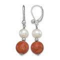 Sterling Silver Rhod-pltd FWC Pearl/Recons. Red Coral Dangle Earrings
