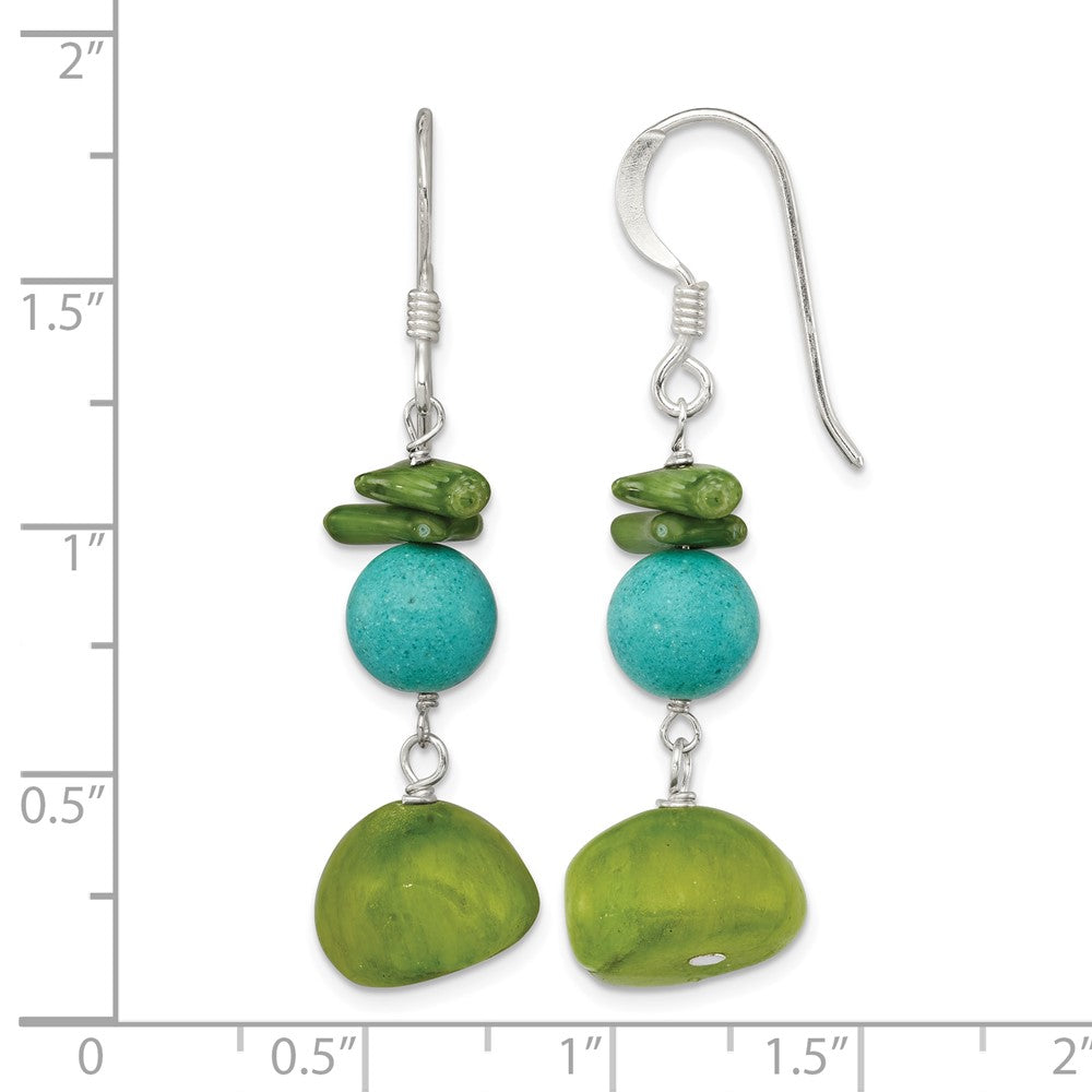 Sterling Silver Jade/Green Coral/Blue Dyed Howlite Dangle Earrings
