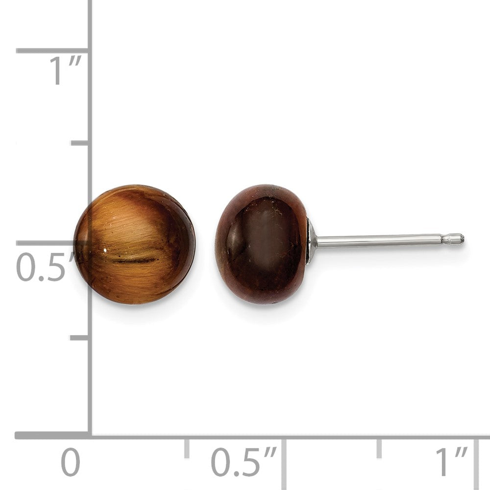 Sterling Silver Rhod-pltd 8-8.5mm Tiger's Eye Button Post Earrings