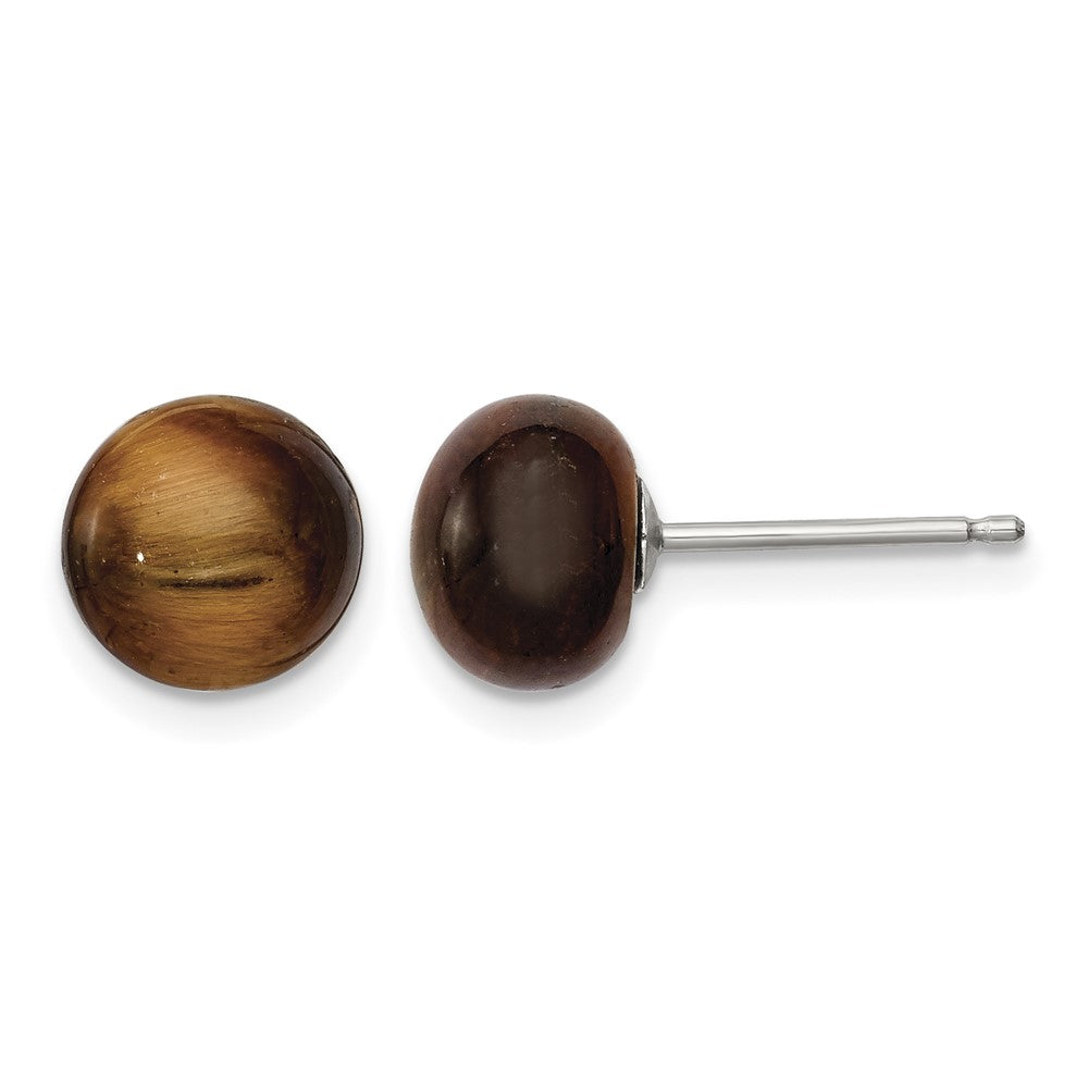Sterling Silver Rhod-pltd 8-8.5mm Tiger's Eye Button Post Earrings