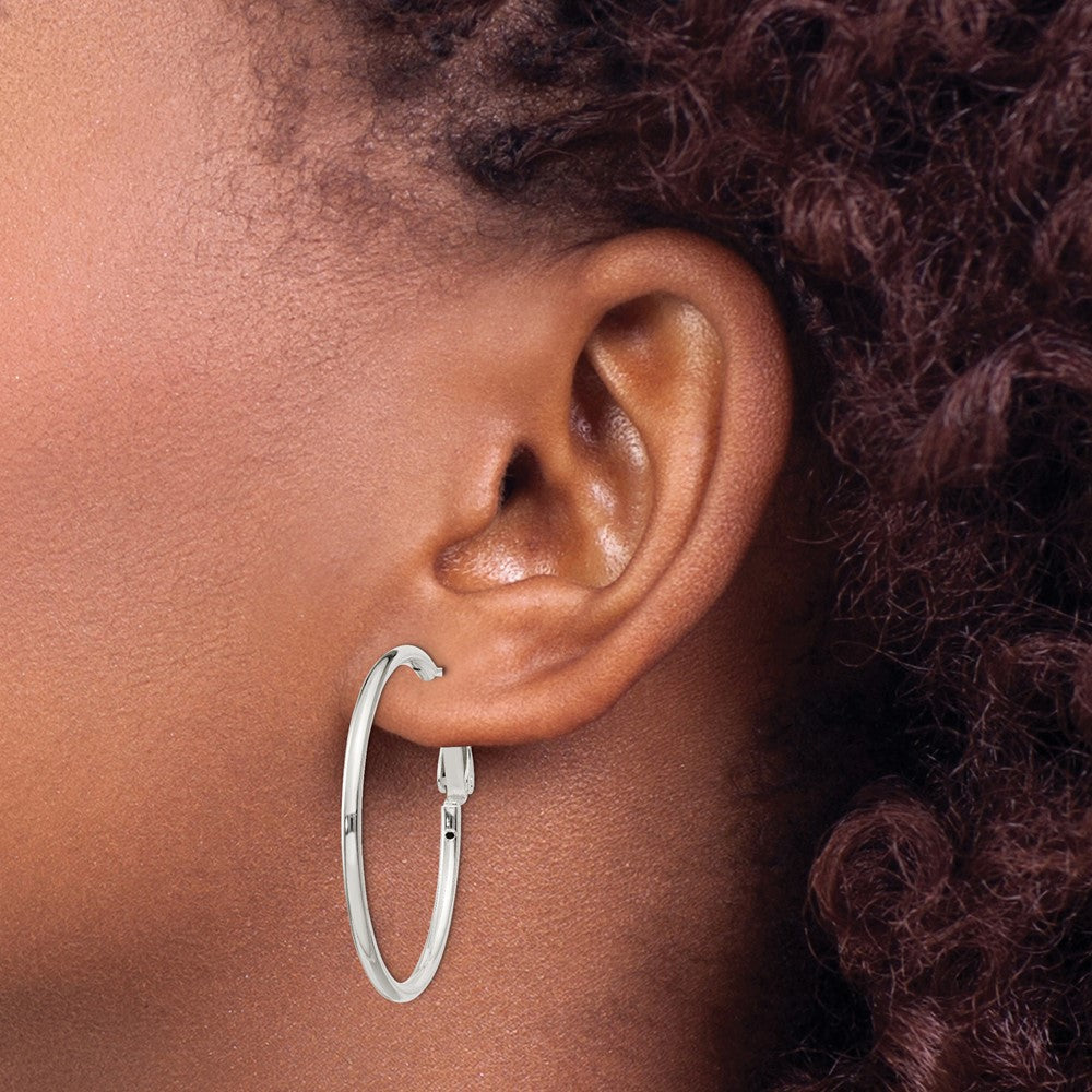Sterling Silver Polished 2x35mm Omega Back Round Hoop Earrings