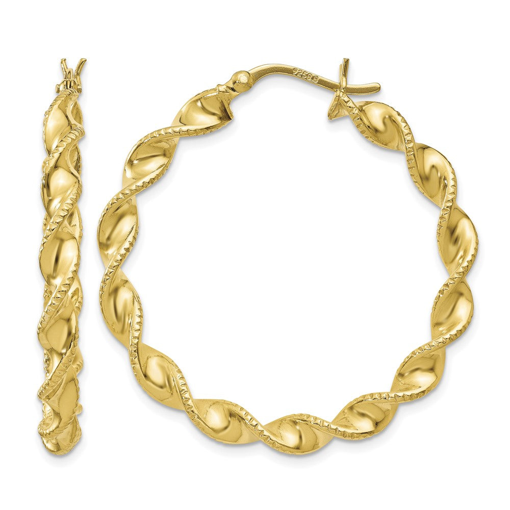 Sterling Silver Gold Flash Plated Patterned Twisted 4x35mm Hoop Earrings