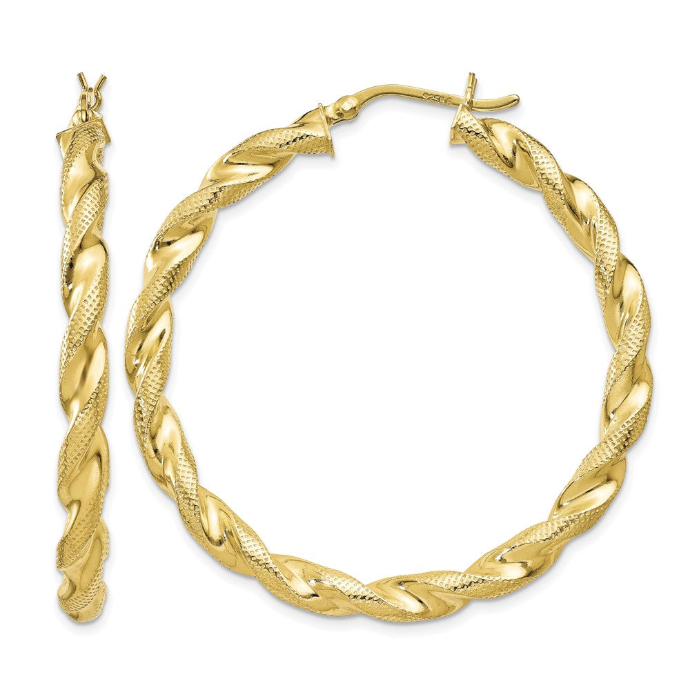 Sterling Silver Gold Flash Plated Patterned Twisted 4x45mm Hoop Earrings