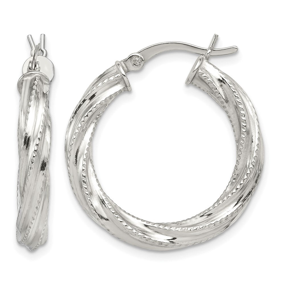 Sterling Silver Rhod-plated Patterned Twisted 4x25mm Hoop Earrings