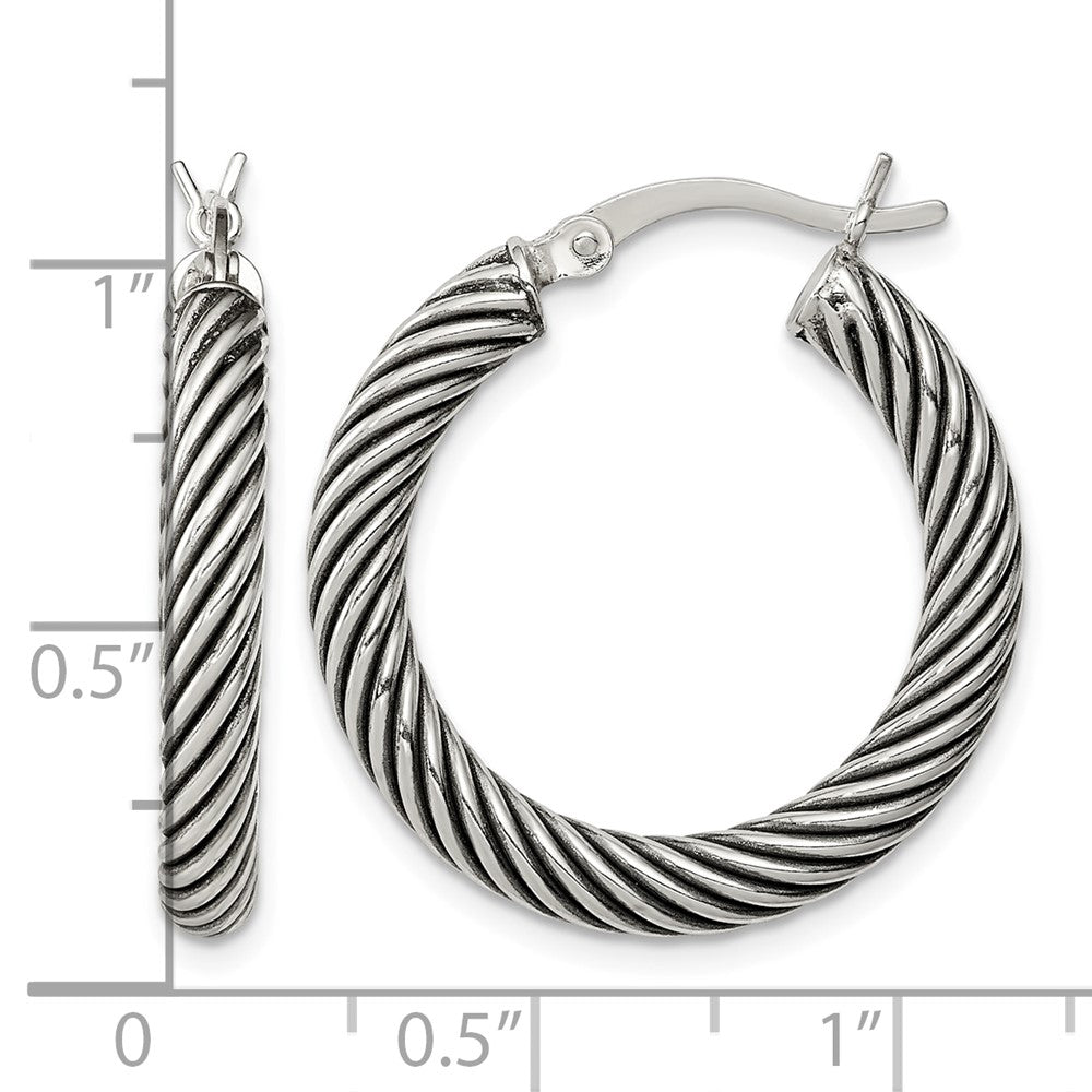 Sterling Silver Antiqued 3.25x25mm Twisted Hoop Earrings