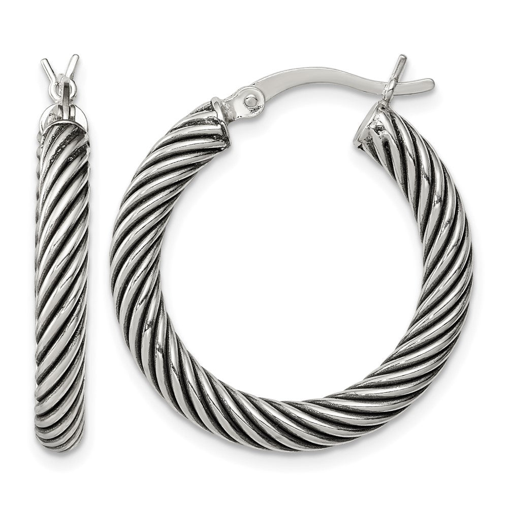 Sterling Silver Antiqued 3.25x25mm Twisted Hoop Earrings