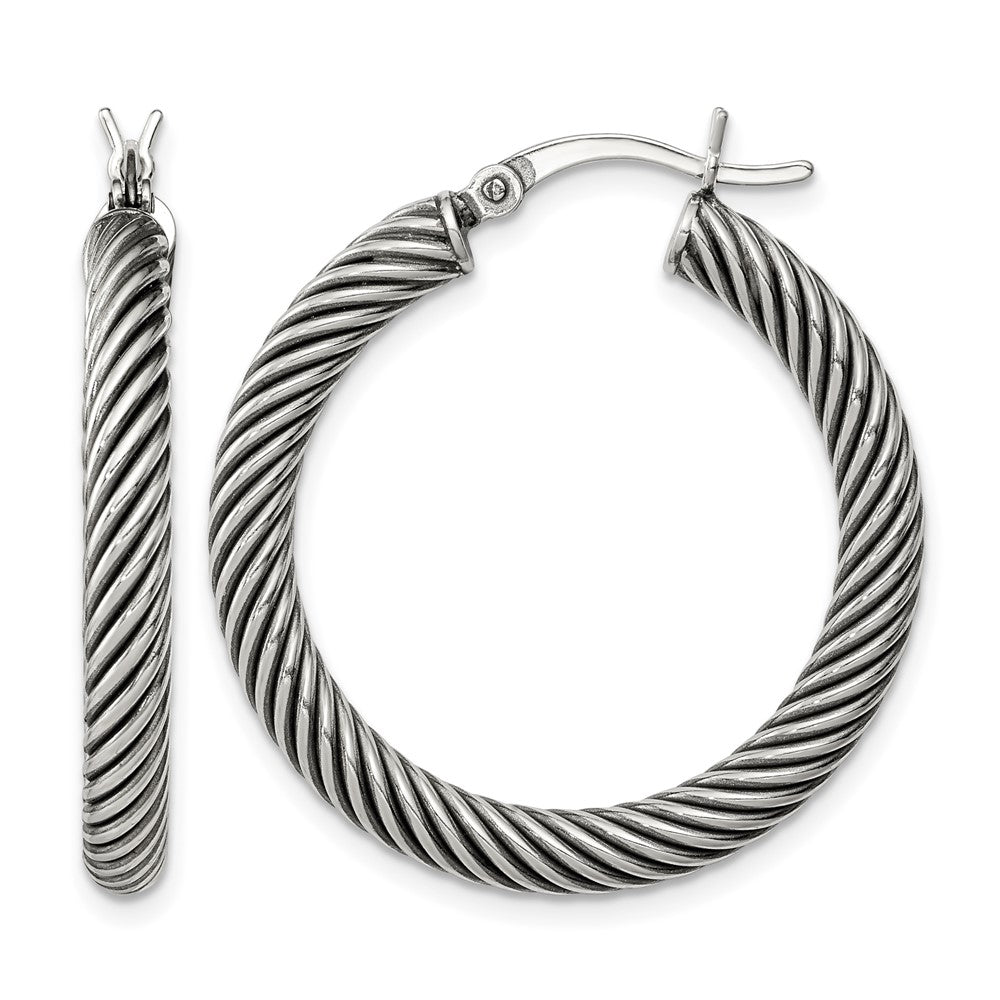 Sterling Silver Antiqued 3.25x30mm Twisted Hoop Earrings