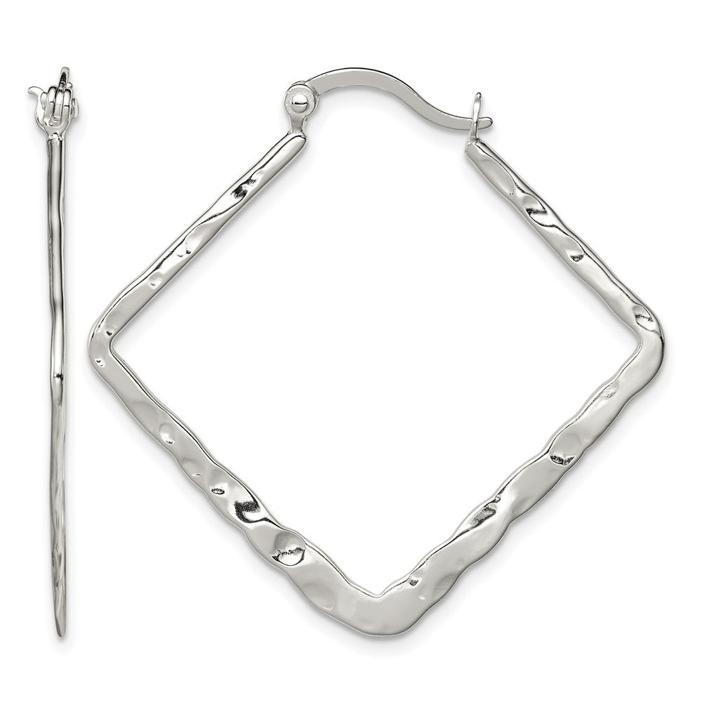 Sterling Silver Rhod-pltd Polished/Hammered Square Hoop Earrings