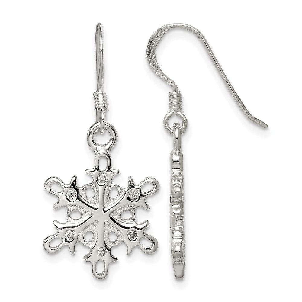 Sterling Silver Polished / Satin CZ Snowflake Dangle Earrings