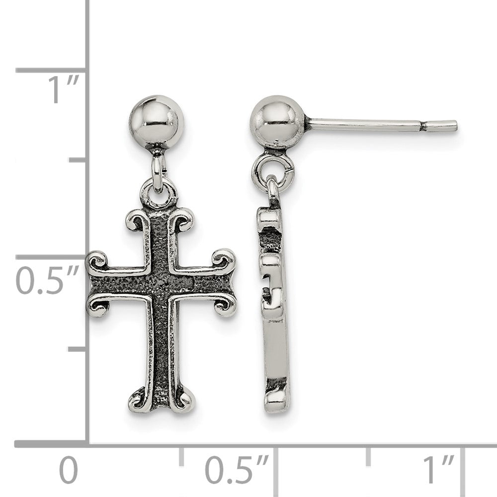 Sterling Silver Polished & Antiqued Cross Post Dangle Earrings