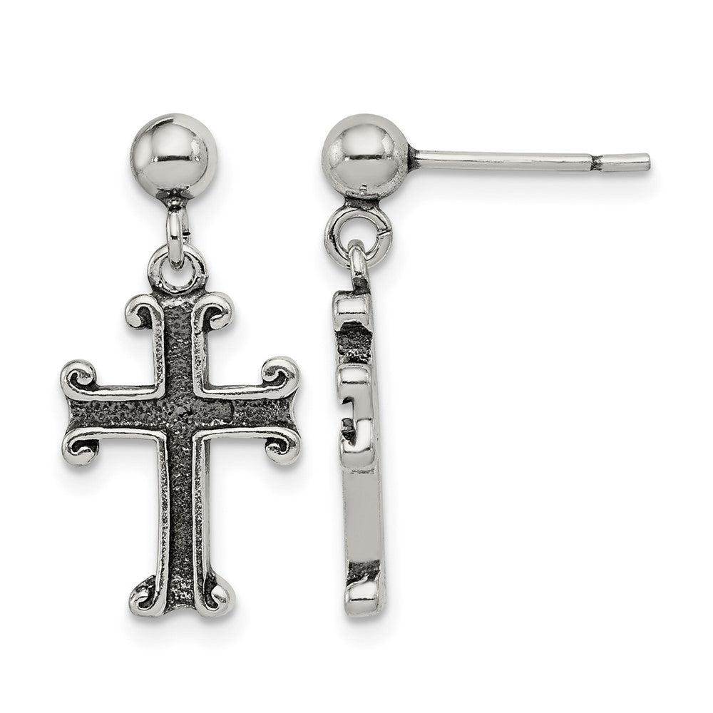 Sterling Silver Polished & Antiqued Cross Post Dangle Earrings