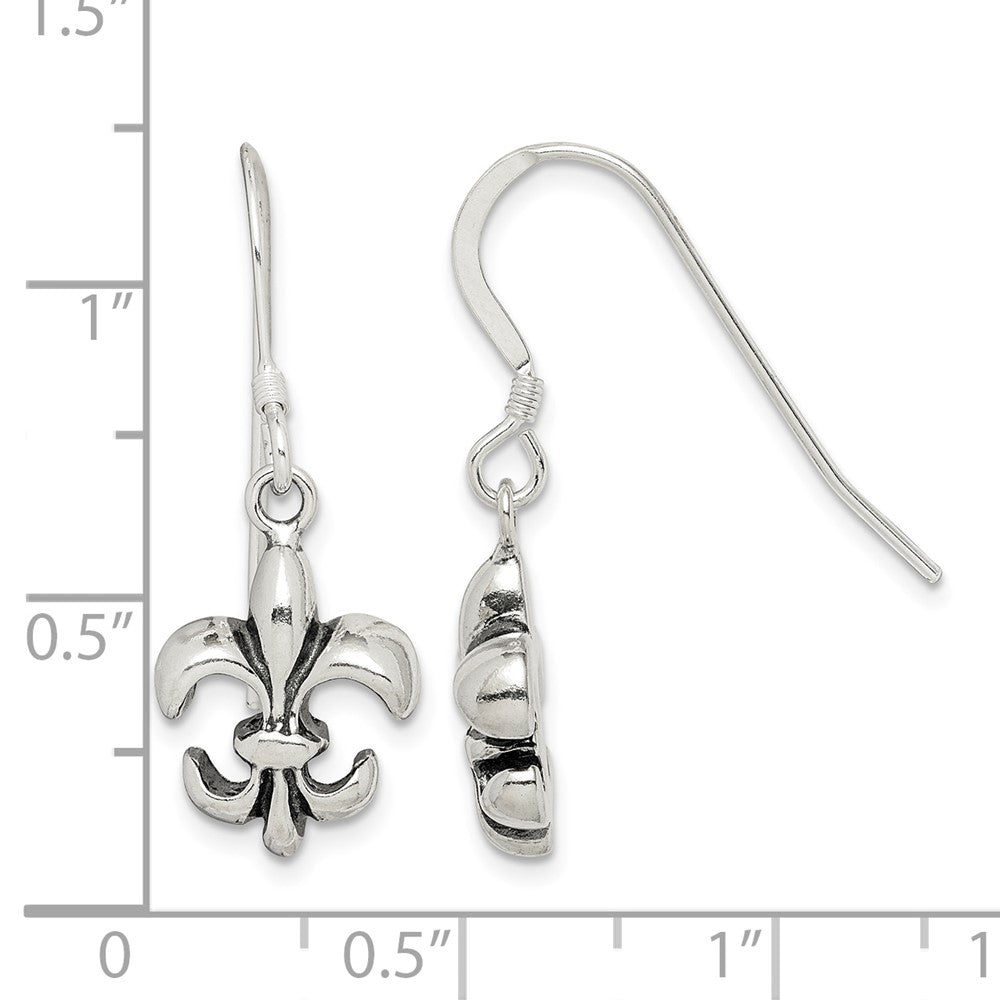 Sterling Silver Polished & Antiqued Fleur de Lis Dangle Earrings