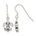 Sterling Silver Polished & Antiqued Fleur de Lis Dangle Earrings