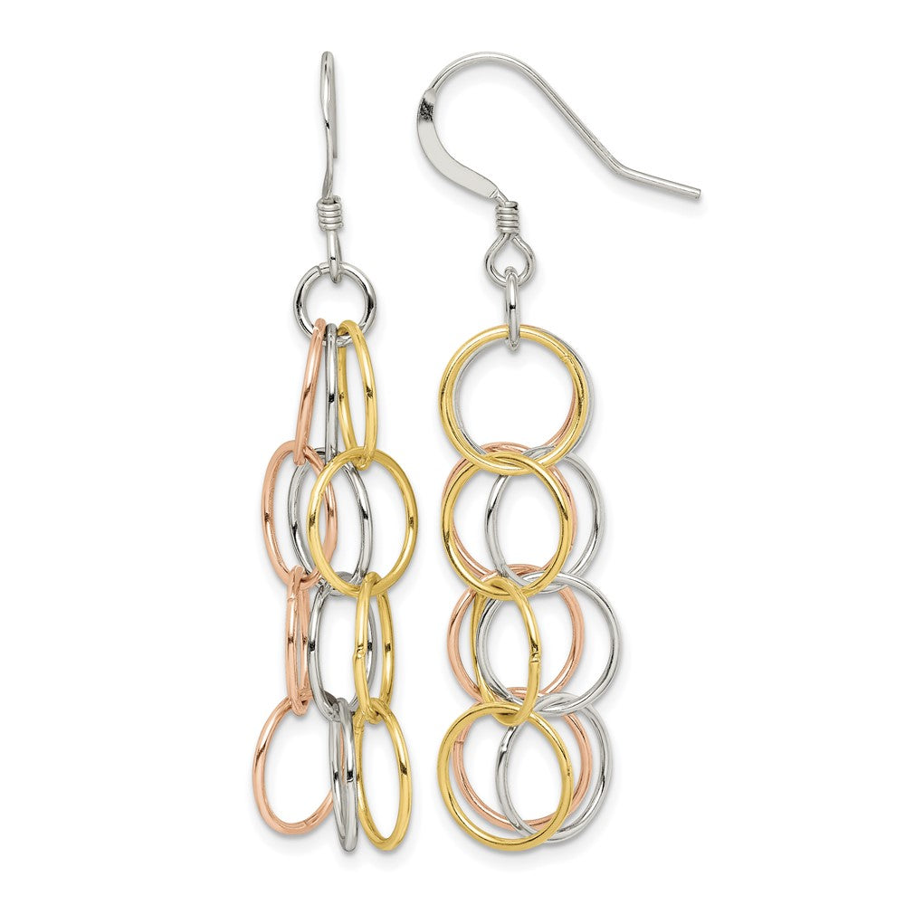 Sterling Silver w/ Tri-color Vermeil Polished Circle Link Dangle Earrings