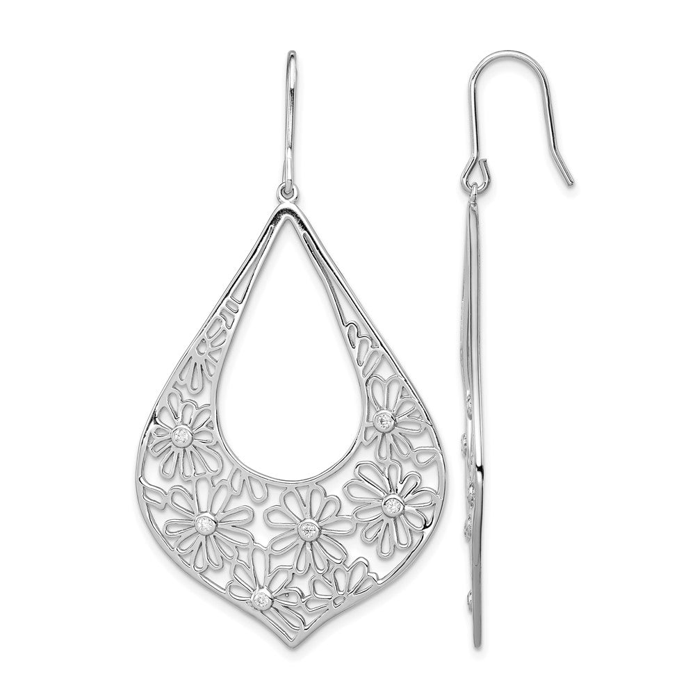 Sterling Silver Rhodium-plated Polished CZ Floral Teardrop Dangle Earrings