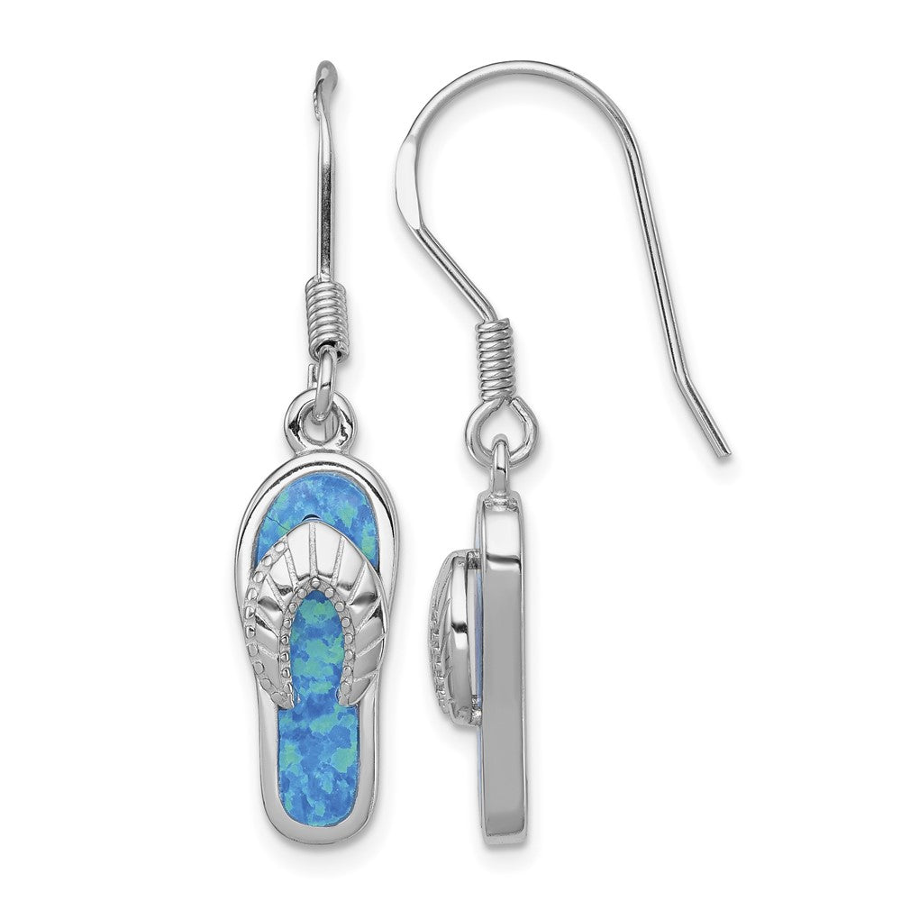 Sterling Silver Rhod-pltd Created Blue Inlay Opal Sandal Dangle Earrings
