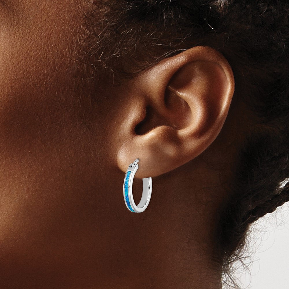 Sterling Silver Rhodium-plated Created Blue Opal Inlay Round Hoop Earrings