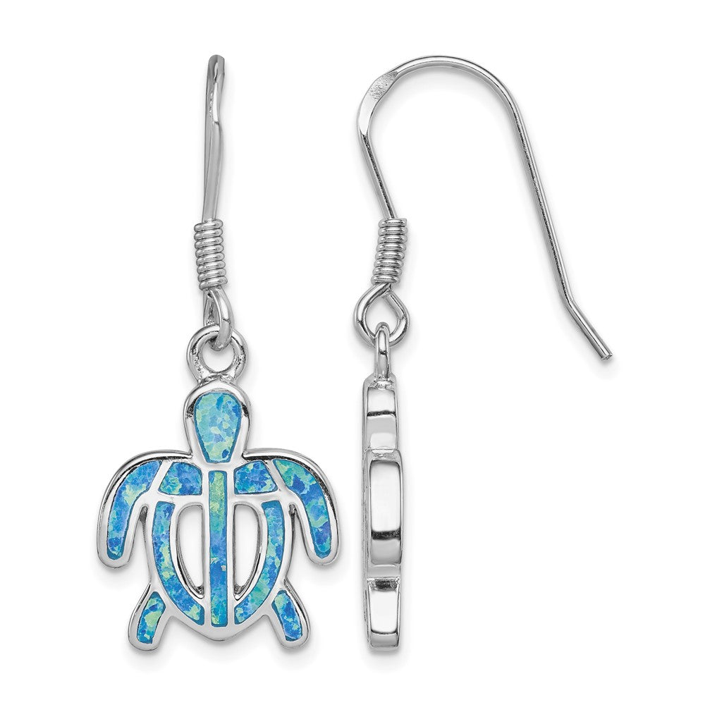 Sterling Silver Rhod-pltd Created Blue Opal Inlay Tortoise Dangle Earrings
