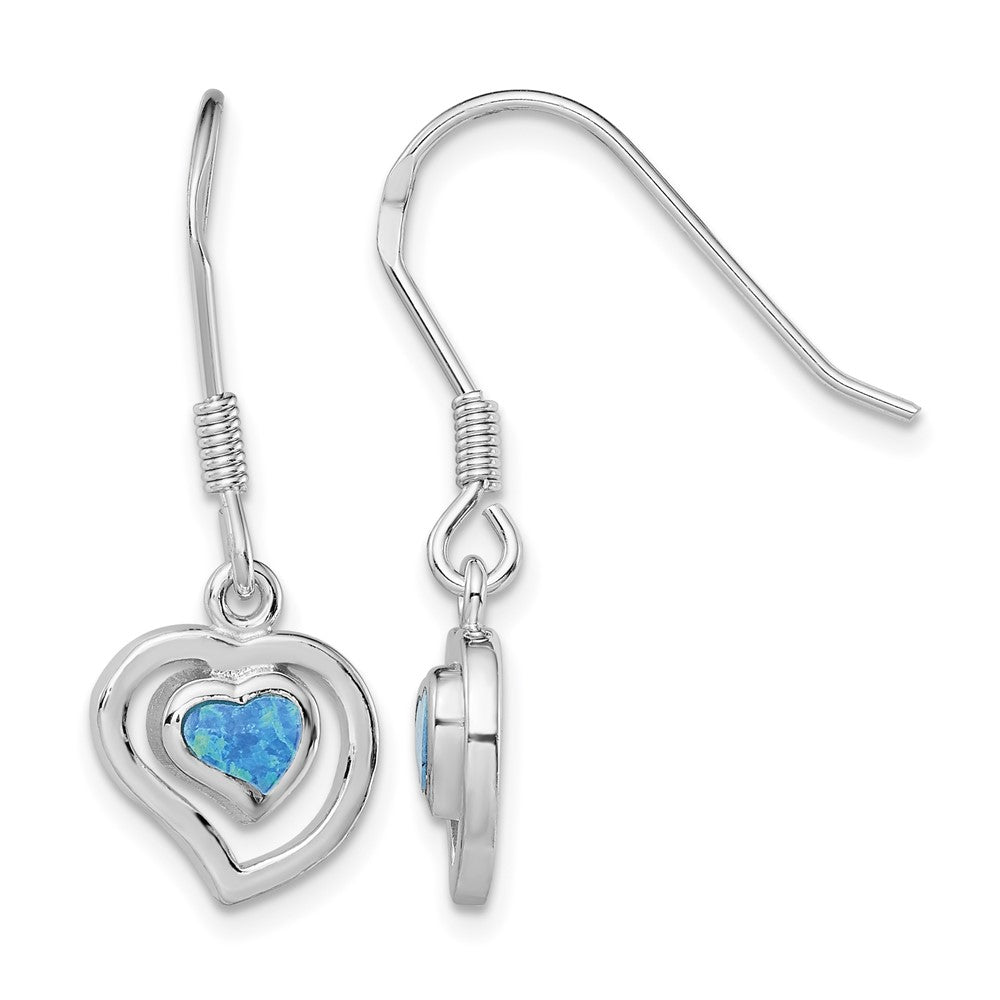 Sterling Silver Rhod-pltd Created Blue Opal Inlay Heart Dangle Earrings