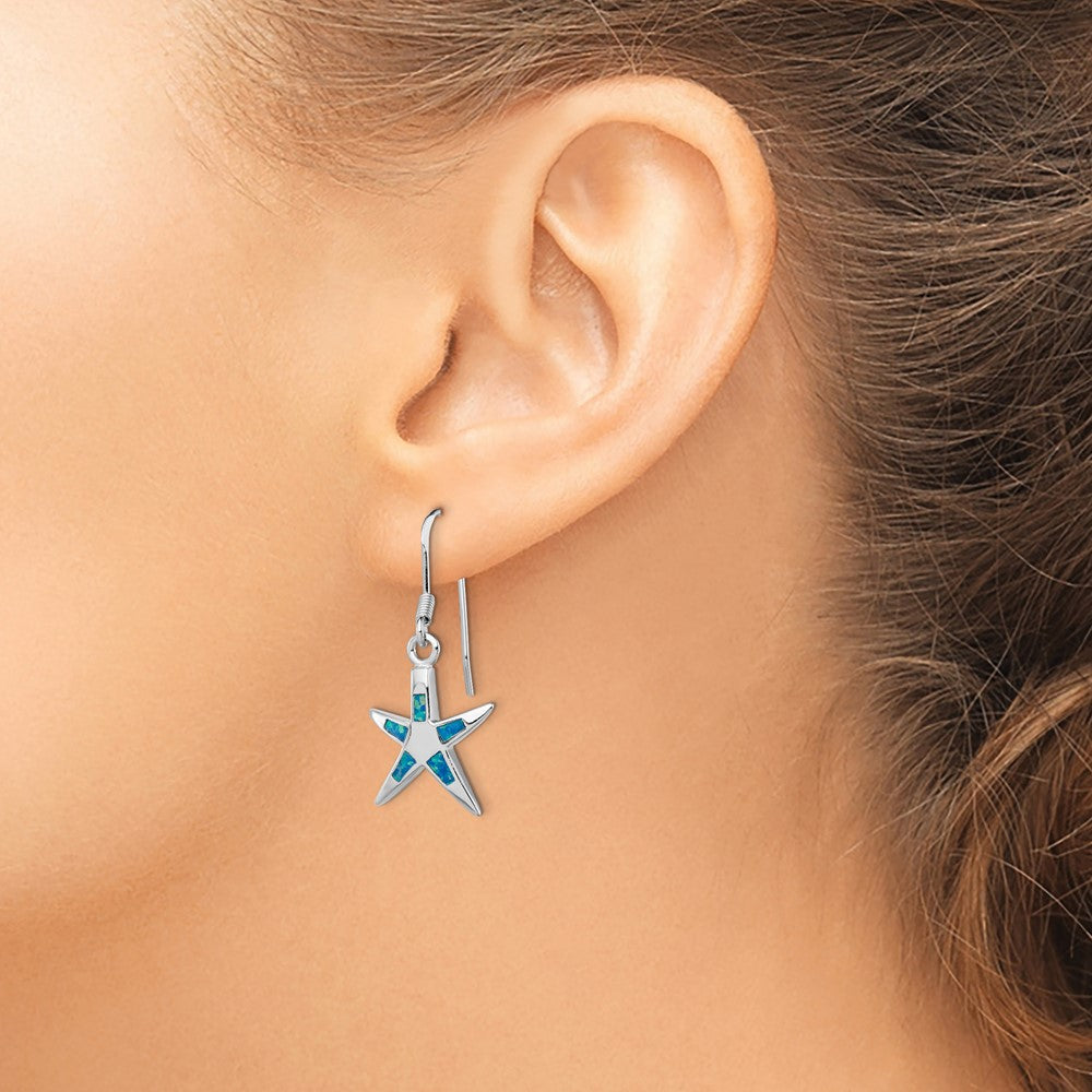 Sterling Silver Rhod-pltd Creat Blue Opal Inlay Starfish Dangle Earrings