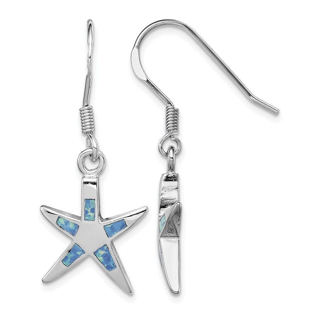 Sterling Silver Rhod-pltd Creat Blue Opal Inlay Starfish Dangle Earrings