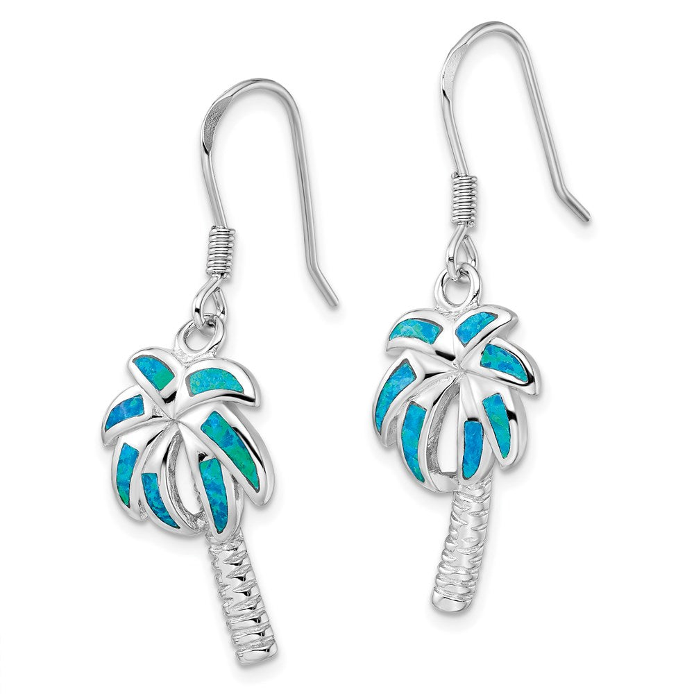 Sterling Silver Rhod-pltd Created Blue Opal Inlay Palm Tree Dangle Earrings