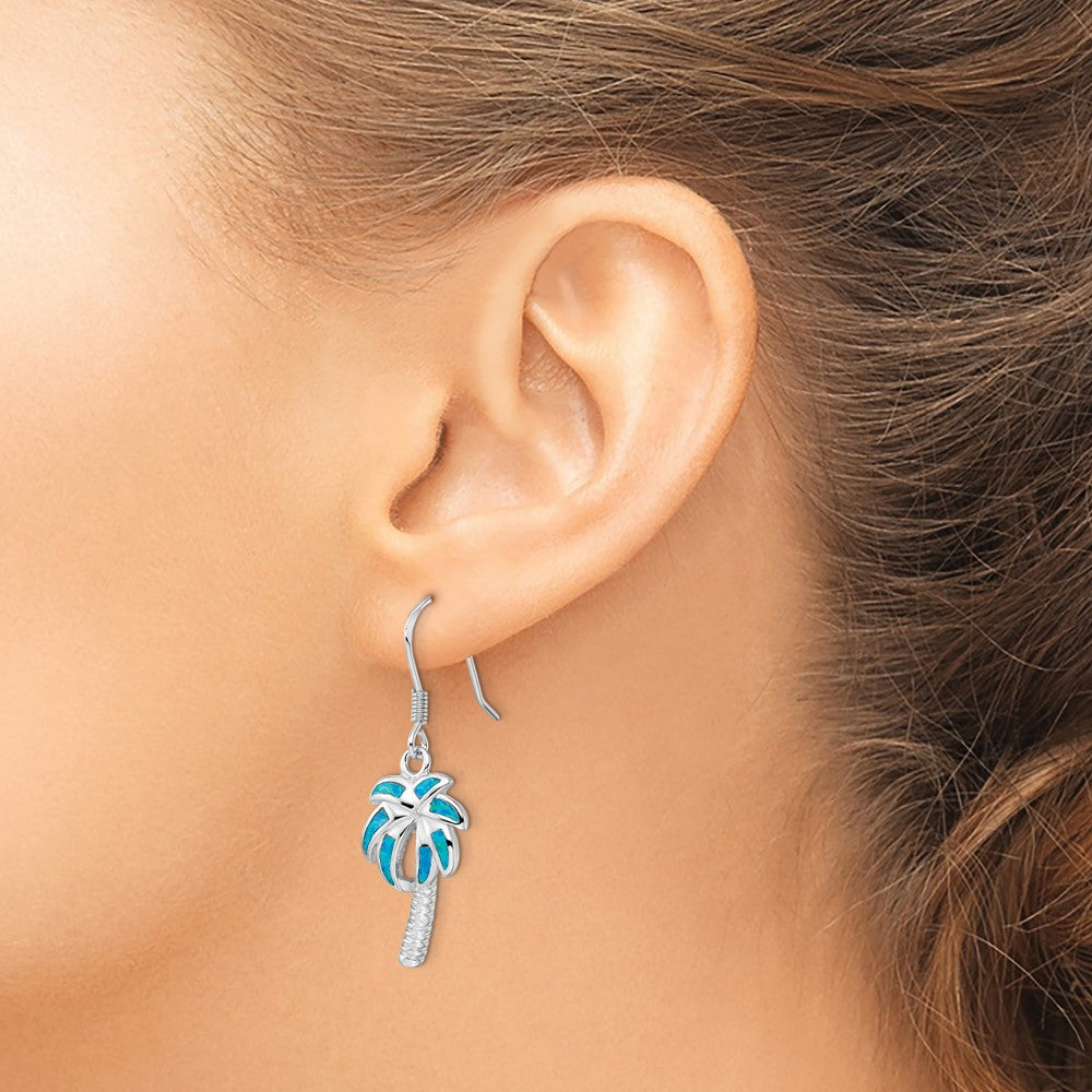 Sterling Silver Rhod-pltd Created Blue Opal Inlay Palm Tree Dangle Earrings