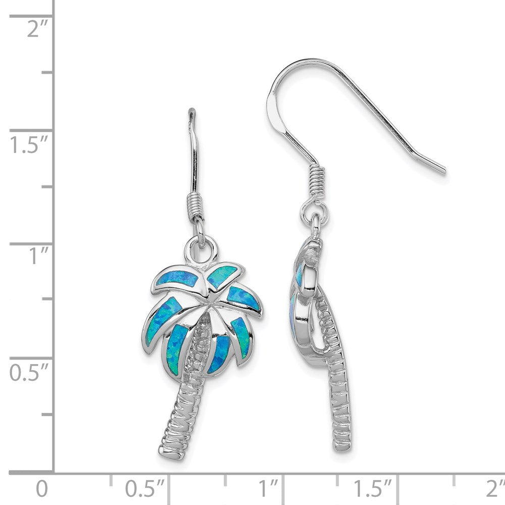 Sterling Silver Rhod-pltd Created Blue Opal Inlay Palm Tree Dangle Earrings