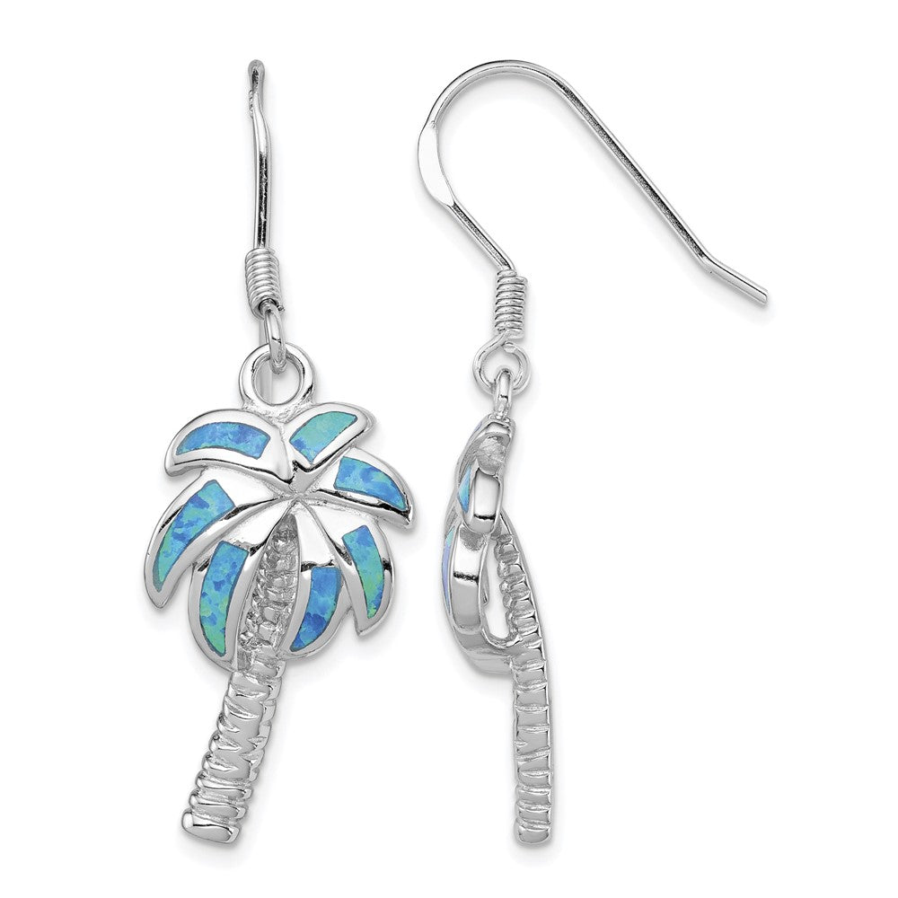Sterling Silver Rhod-pltd Created Blue Opal Inlay Palm Tree Dangle Earrings