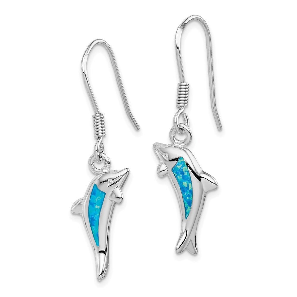 Sterling Silver Rhod-pltd Created Blue Opal Inlay Dolphin Dangle Earrings