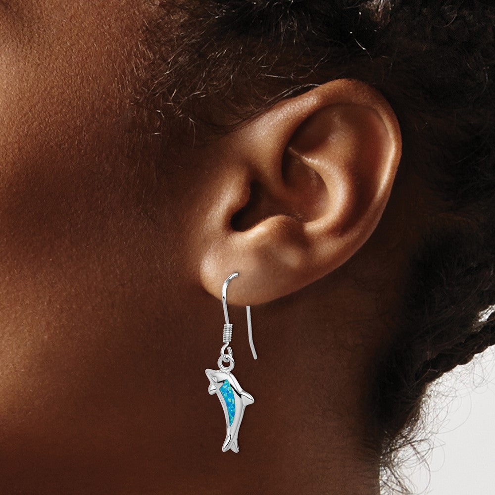 Sterling Silver Rhod-pltd Created Blue Opal Inlay Dolphin Dangle Earrings