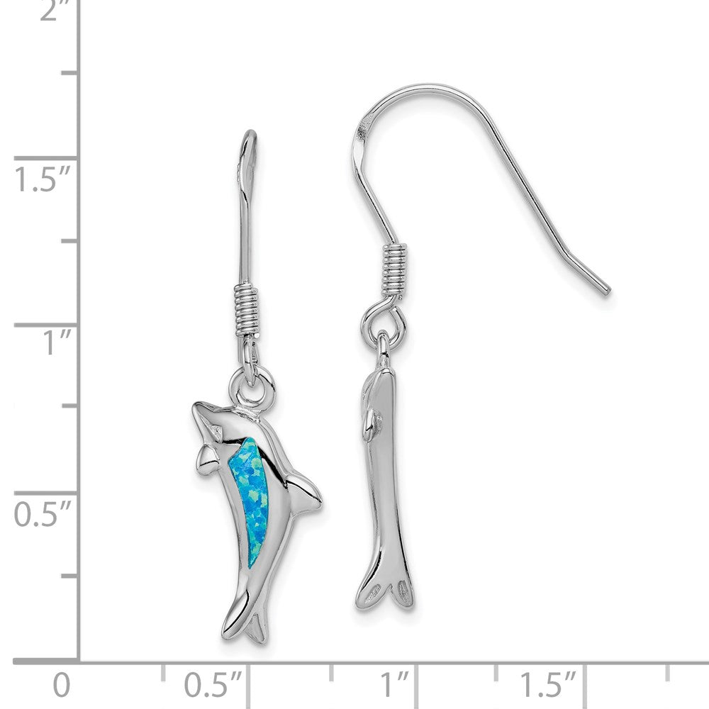 Sterling Silver Rhod-pltd Created Blue Opal Inlay Dolphin Dangle Earrings