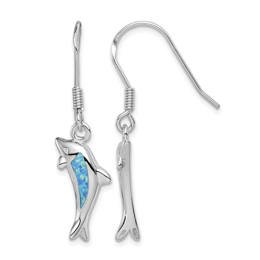 Sterling Silver Rhod-pltd Created Blue Opal Inlay Dolphin Dangle Earrings