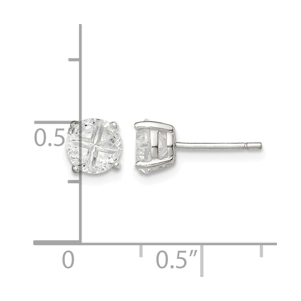 Sterling Silver 6mm Round Basket Set Cross-cut CZ Stud Earrings