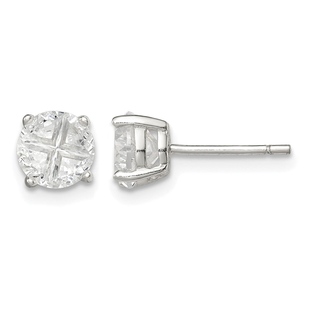 Sterling Silver 6mm Round Basket Set Cross-cut CZ Stud Earrings