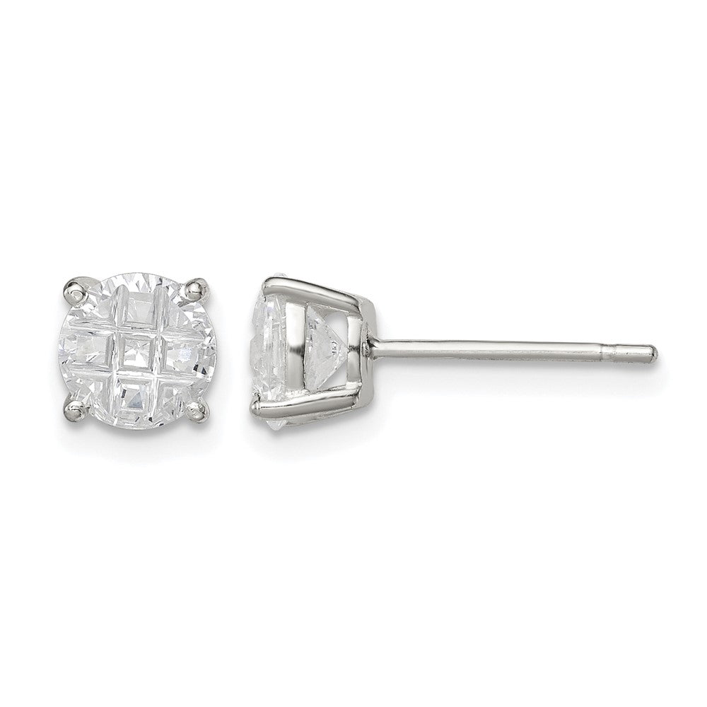 Sterling Silver 6mm Round Basket Set Laser-cut CZ Stud Earrings
